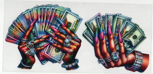 Colorful illustration of hands holding money on a white background