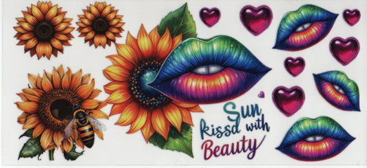 Colorful tattoo sheet with lips, sunflowers, and a bee on a white background.